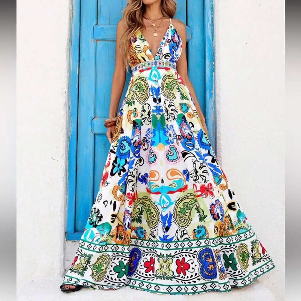 Boho Floral Print Crisscross Back Multicolor Bohemian Maxi Dress - Picture 2 of 5